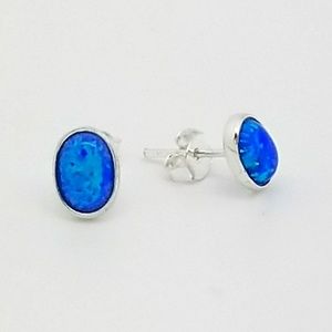 Blue Created Opal Oval Studs